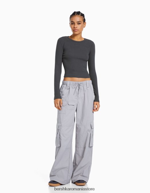 Bershka femei tricou cu mânecă lungă cu nervuri gri inchis Z86D434 îmbrăcăminte