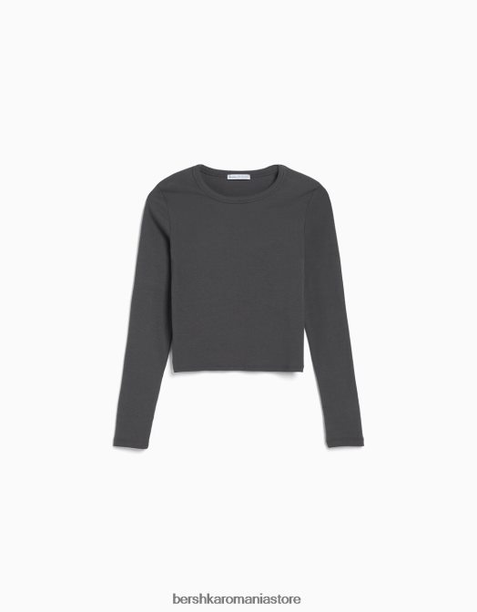 Bershka femei tricou cu mânecă lungă cu nervuri gri inchis Z86D434 îmbrăcăminte