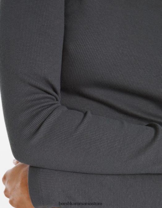 Bershka femei tricou cu mânecă lungă cu nervuri gri inchis Z86D434 îmbrăcăminte