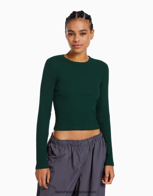 Bershka femei tricou cu mânecă lungă cu nervuri verde Z86D437 îmbrăcăminte
