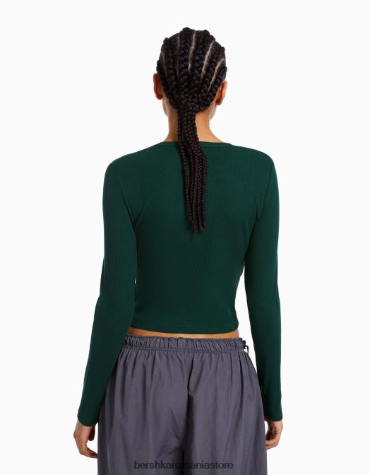 Bershka femei tricou cu mânecă lungă cu nervuri verde Z86D437 îmbrăcăminte
