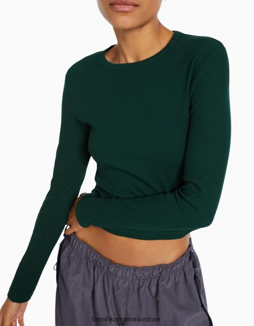 Bershka femei tricou cu mânecă lungă cu nervuri verde Z86D437 îmbrăcăminte