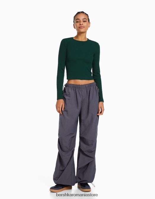 Bershka femei tricou cu mânecă lungă cu nervuri verde Z86D437 îmbrăcăminte