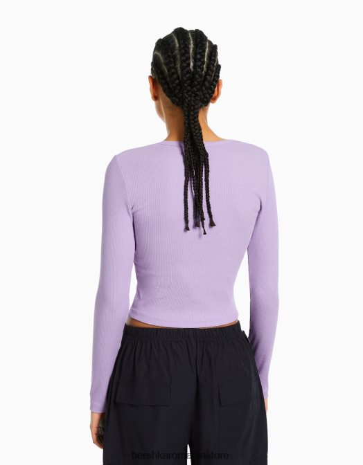 Bershka femei tricou cu mânecă lungă cu nervuri violet Z86D574 îmbrăcăminte