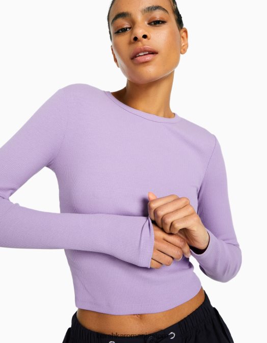 Bershka femei tricou cu mânecă lungă cu nervuri violet Z86D574 îmbrăcăminte