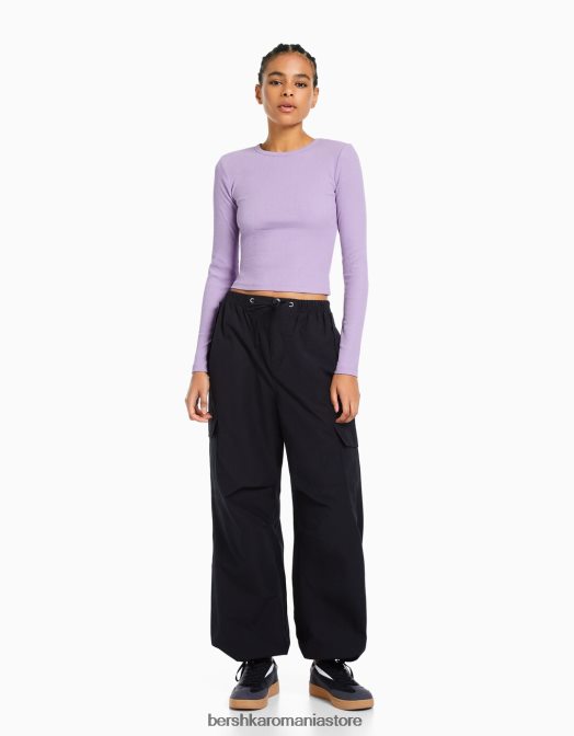 Bershka femei tricou cu mânecă lungă cu nervuri violet Z86D574 îmbrăcăminte