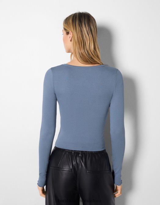 Bershka femei tricou cu mânecă lungă și decolteu în V albastru Z86D548 îmbrăcăminte