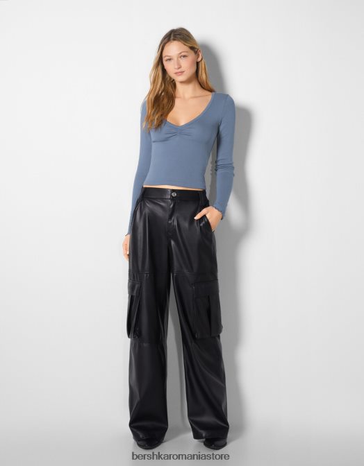 Bershka femei tricou cu mânecă lungă și decolteu în V albastru Z86D548 îmbrăcăminte