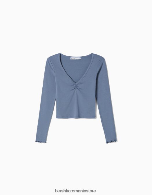 Bershka femei tricou cu mânecă lungă și decolteu în V albastru Z86D548 îmbrăcăminte