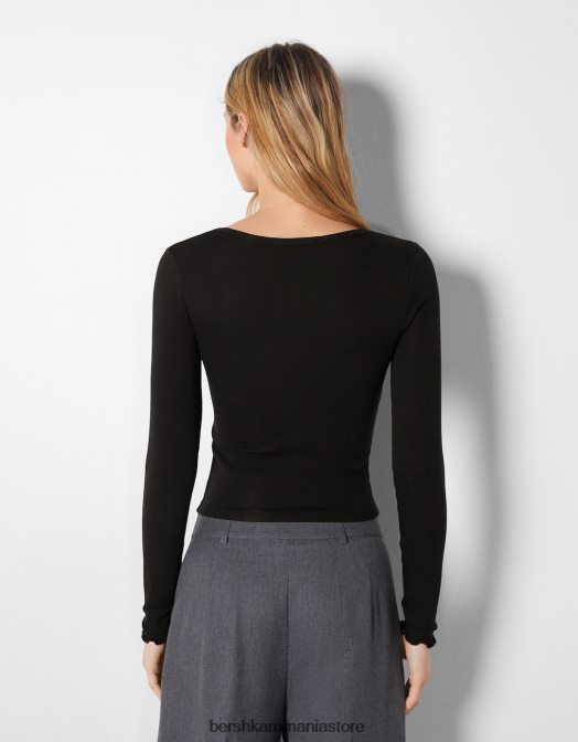 Bershka femei tricou cu mânecă lungă și decolteu în V negru Z86D547 îmbrăcăminte