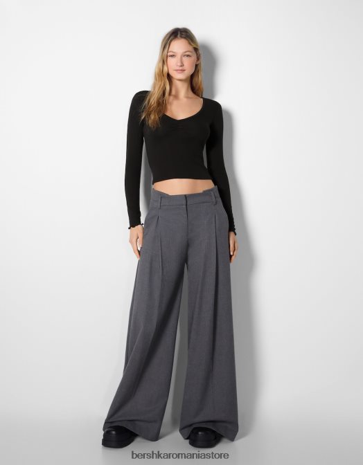 Bershka femei tricou cu mânecă lungă și decolteu în V negru Z86D547 îmbrăcăminte