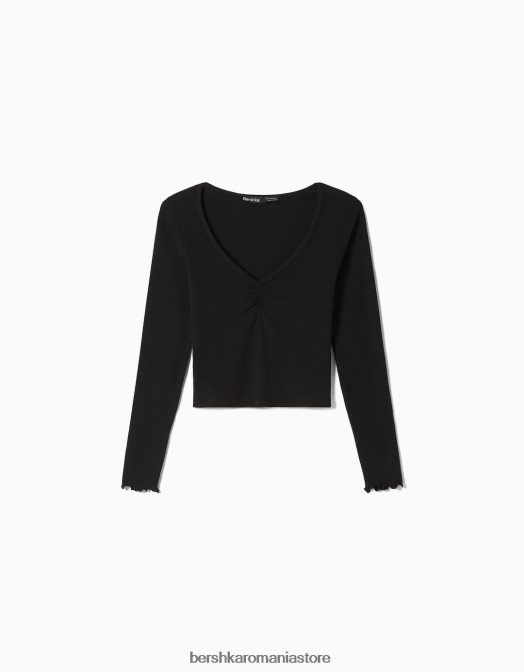 Bershka femei tricou cu mânecă lungă și decolteu în V negru Z86D547 îmbrăcăminte