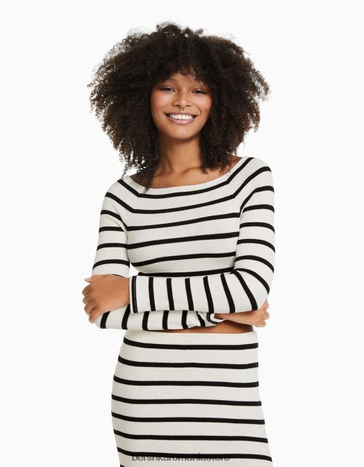 Bershka femei tricou cu mânecă lungă în dungi cu gât barcă albastru Z86D519 îmbrăcăminte