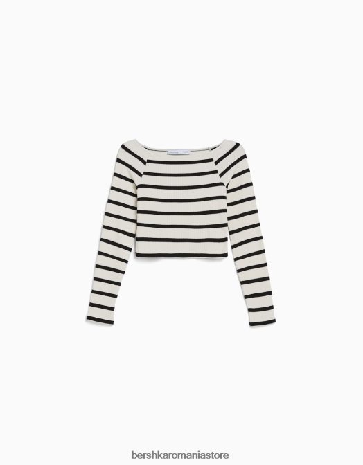 Bershka femei tricou cu mânecă lungă în dungi cu gât barcă albastru Z86D519 îmbrăcăminte