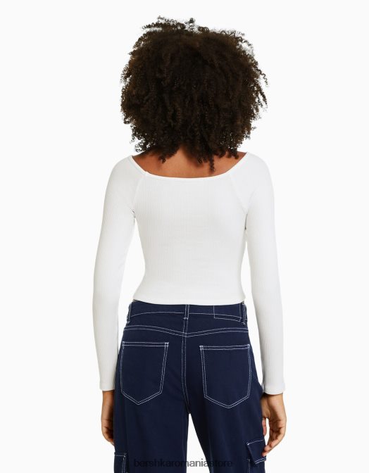 Bershka femei tricou cu mânecă lungă în dungi cu gât barcă cremă Z86D518 îmbrăcăminte