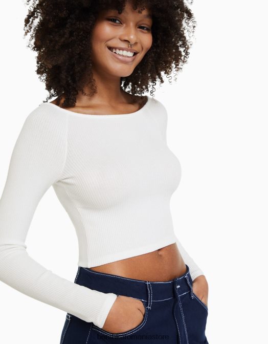 Bershka femei tricou cu mânecă lungă în dungi cu gât barcă cremă Z86D518 îmbrăcăminte