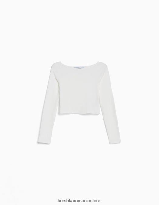 Bershka femei tricou cu mânecă lungă în dungi cu gât barcă cremă Z86D518 îmbrăcăminte