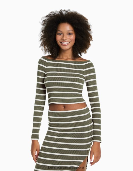 Bershka femei tricou cu mânecă lungă în dungi cu gât barcă kaki Z86D517 îmbrăcăminte