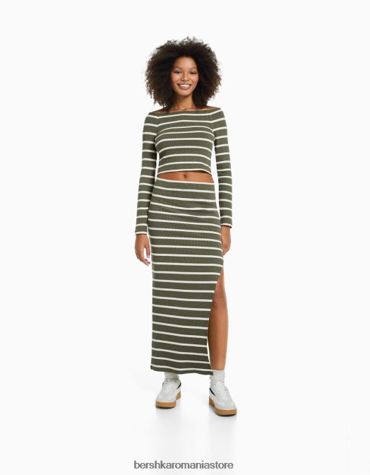 Bershka femei tricou cu mânecă lungă în dungi cu gât barcă kaki Z86D517 îmbrăcăminte