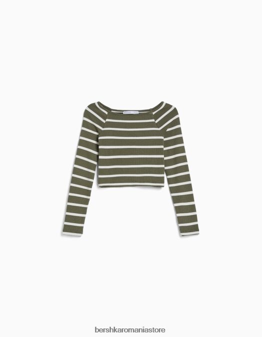 Bershka femei tricou cu mânecă lungă în dungi cu gât barcă kaki Z86D517 îmbrăcăminte