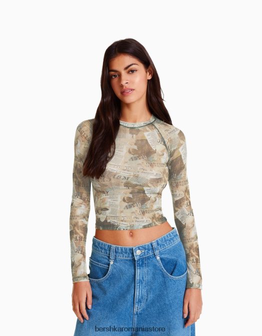 Bershka femei tricou cu mânecă lungă în stil raglan din tul maro Z86D429 îmbrăcăminte