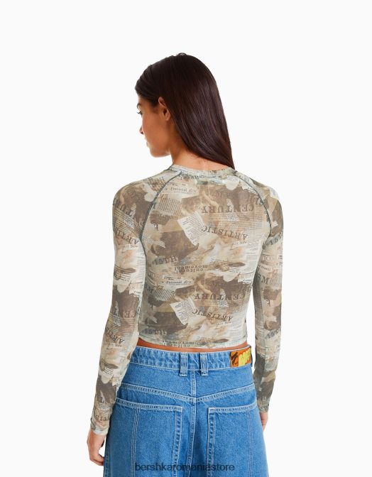 Bershka femei tricou cu mânecă lungă în stil raglan din tul maro Z86D429 îmbrăcăminte