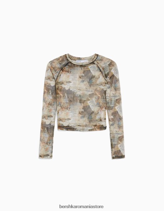 Bershka femei tricou cu mânecă lungă în stil raglan din tul maro Z86D429 îmbrăcăminte