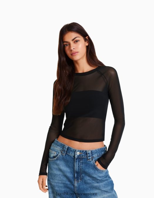 Bershka femei tricou cu mânecă lungă în stil raglan din tul negru Z86D428 îmbrăcăminte
