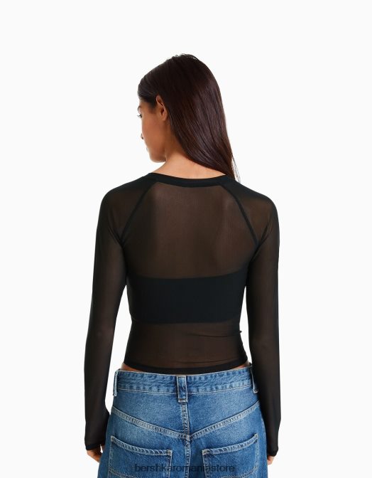 Bershka femei tricou cu mânecă lungă în stil raglan din tul negru Z86D428 îmbrăcăminte