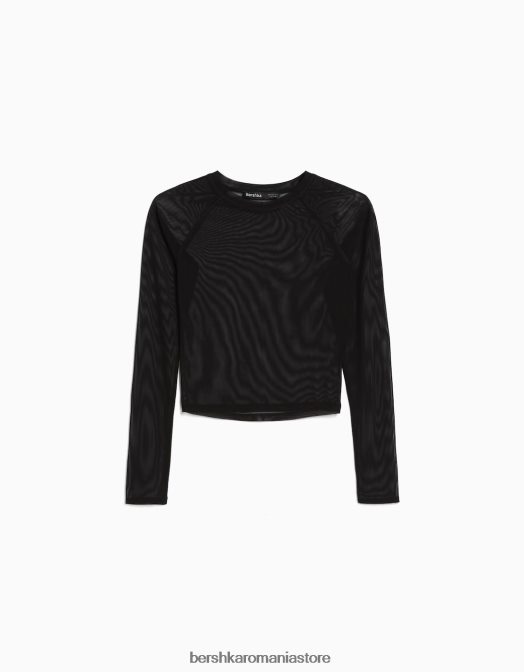 Bershka femei tricou cu mânecă lungă în stil raglan din tul negru Z86D428 îmbrăcăminte
