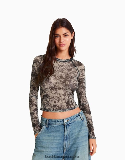 Bershka femei tricou cu mânecă lungă în stil raglan din tul nisip Z86D427 îmbrăcăminte
