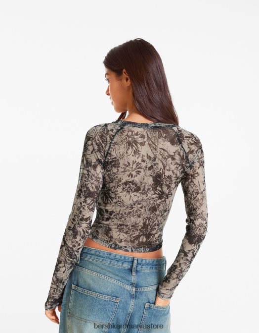 Bershka femei tricou cu mânecă lungă în stil raglan din tul nisip Z86D427 îmbrăcăminte