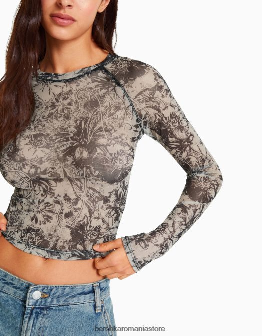 Bershka femei tricou cu mânecă lungă în stil raglan din tul nisip Z86D427 îmbrăcăminte