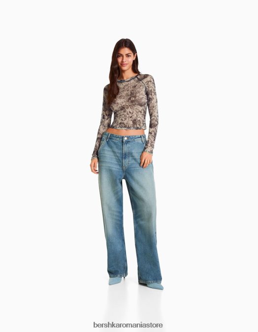 Bershka femei tricou cu mânecă lungă în stil raglan din tul nisip Z86D427 îmbrăcăminte