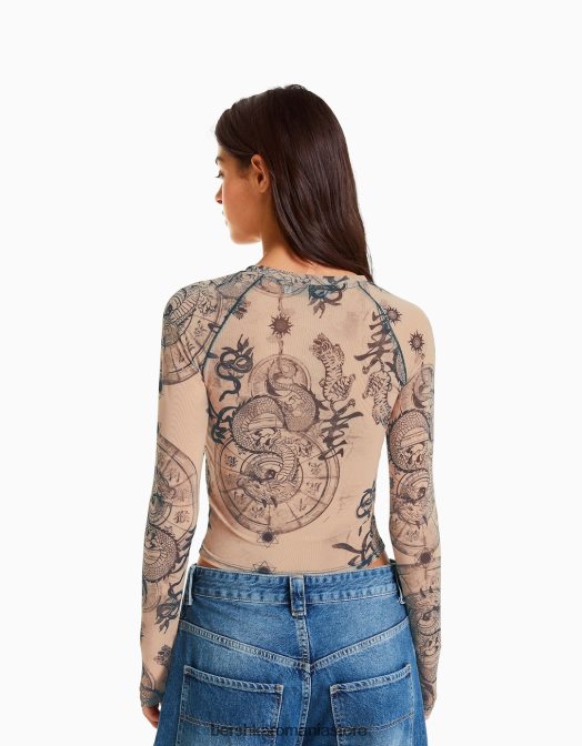 Bershka femei tricou cu mânecă lungă în stil raglan din tul roz Z86D426 îmbrăcăminte