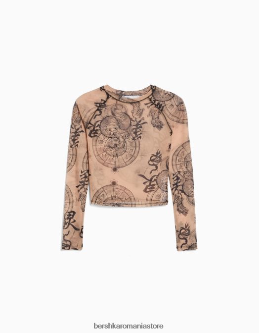 Bershka femei tricou cu mânecă lungă în stil raglan din tul roz Z86D426 îmbrăcăminte