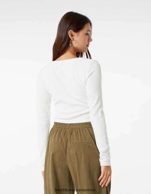 Bershka femei tricou cu mânecă lungă texturat cu nervuri alb Z86D590 îmbrăcăminte