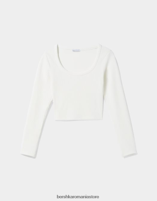 Bershka femei tricou cu mânecă lungă texturat cu nervuri alb Z86D590 îmbrăcăminte