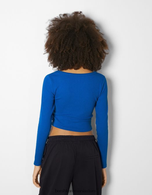 Bershka femei tricou cu mânecă lungă texturat cu nervuri albastru Z86D591 îmbrăcăminte