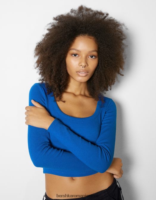 Bershka femei tricou cu mânecă lungă texturat cu nervuri albastru Z86D591 îmbrăcăminte