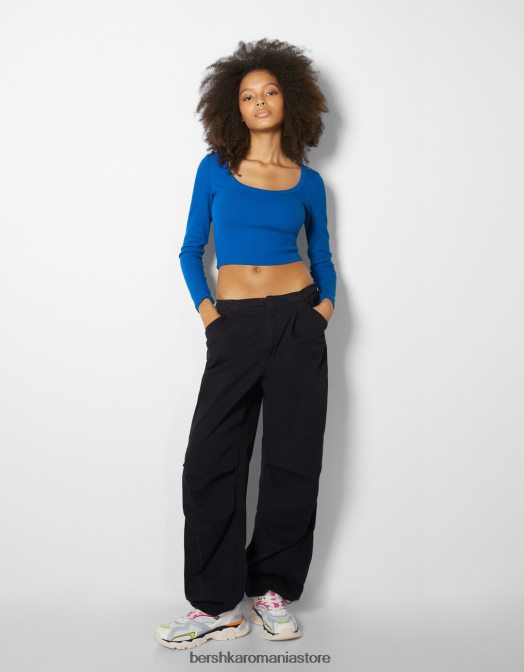 Bershka femei tricou cu mânecă lungă texturat cu nervuri albastru Z86D591 îmbrăcăminte