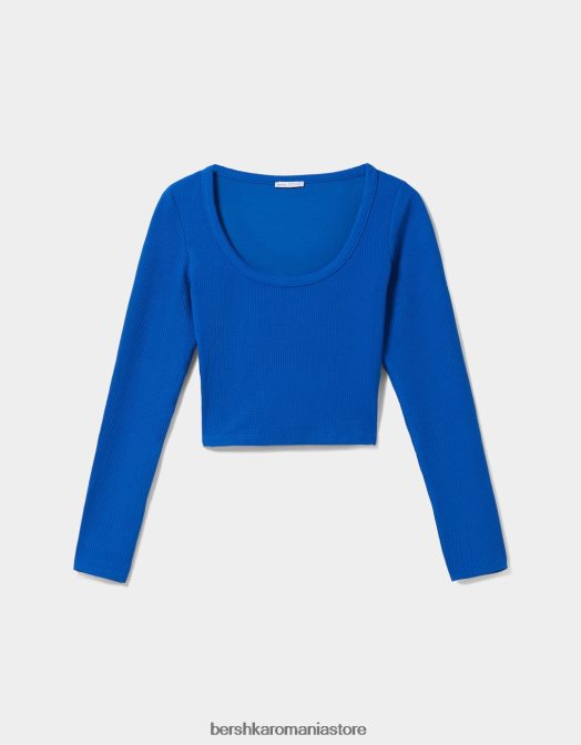 Bershka femei tricou cu mânecă lungă texturat cu nervuri albastru Z86D591 îmbrăcăminte