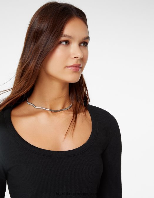 Bershka femei tricou cu mânecă lungă texturat cu nervuri negru Z86D592 îmbrăcăminte