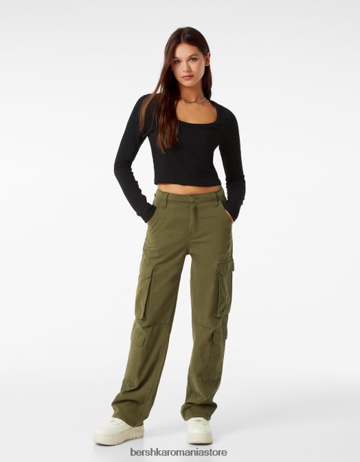 Bershka femei tricou cu mânecă lungă texturat cu nervuri negru Z86D592 îmbrăcăminte