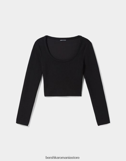 Bershka femei tricou cu mânecă lungă texturat cu nervuri negru Z86D592 îmbrăcăminte