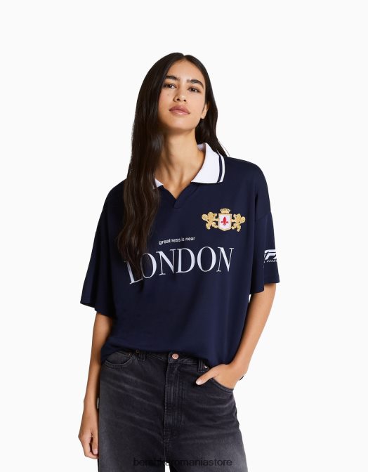 Bershka femei tricou cu mânecă scurtă cu guler polo de fotbal marina Z86D560 îmbrăcăminte