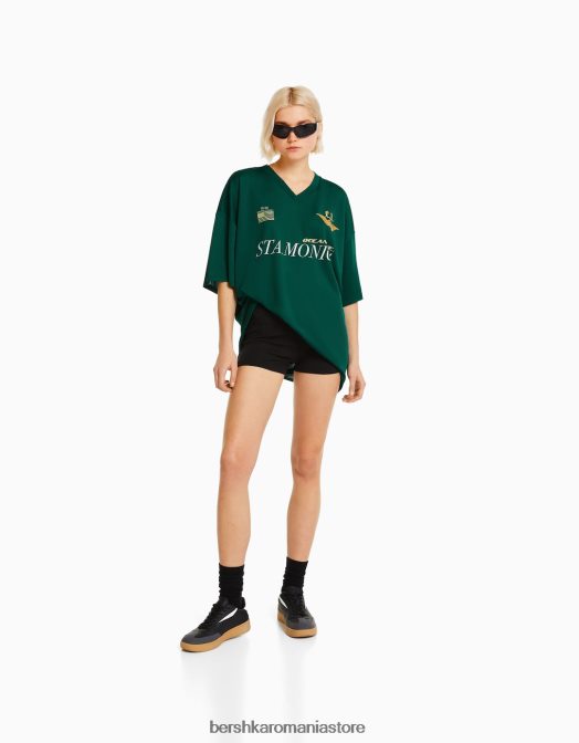 Bershka femei tricou cu mânecă scurtă cu guler polo de fotbal verde Z86D561 îmbrăcăminte