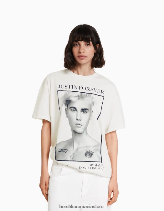 Bershka femei tricou cu mânecă scurtă cu imprimeu Justin Bieber aproape alb Z86D325 îmbrăcăminte