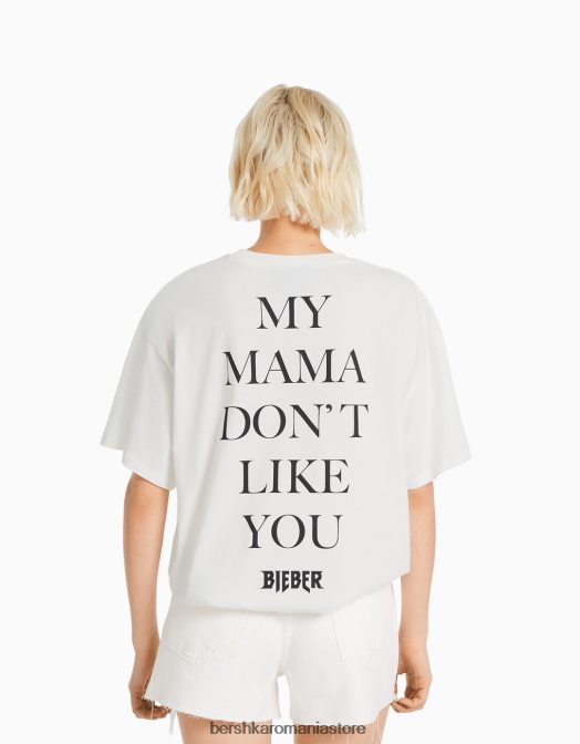 Bershka femei tricou cu mânecă scurtă cu imprimeu Justin Bieber aproape alb Z86D472 îmbrăcăminte