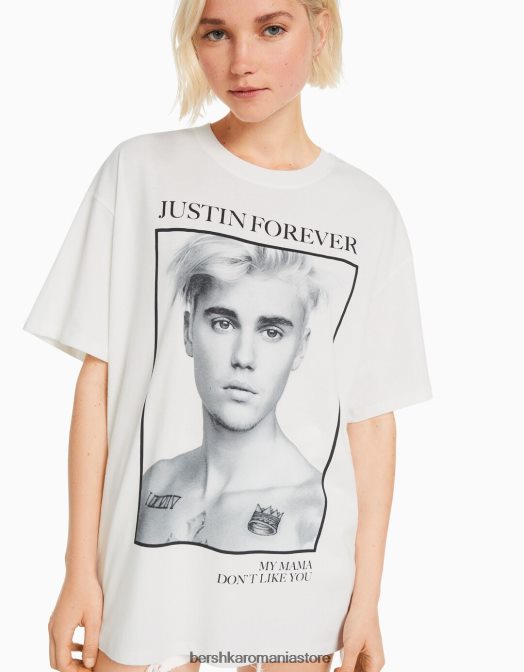 Bershka femei tricou cu mânecă scurtă cu imprimeu Justin Bieber aproape alb Z86D472 îmbrăcăminte